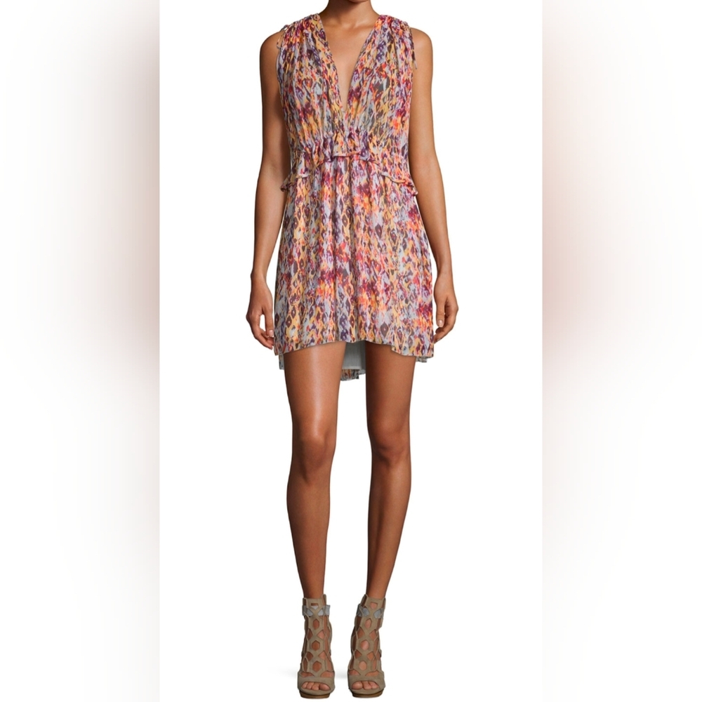Iro Plum Sleeveless Printed Mini Dress Watercolor Flowy Drawstring Dolman
